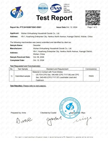 Decanter FDA Certificate certificate from Wuhan Xinhuahang Household Goods Co., Ltd.