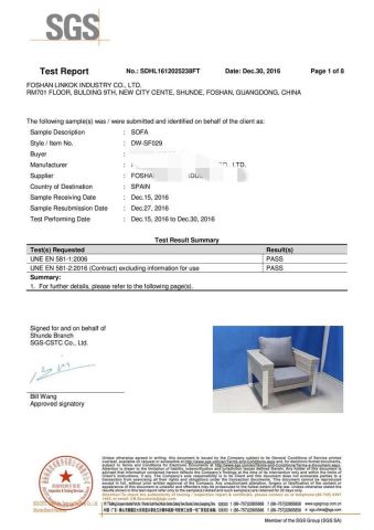SGS Test Report certificate from Foshan Darwin Furniture Co., Ltd.