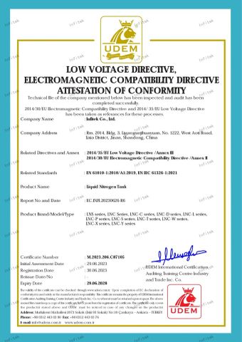 Liquid Nitrogen Tank certificate from Infitek Co., Ltd.
