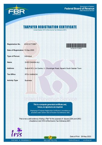 TEX PAYER CERTIFICATE certificate from KENHAR ENTERPRISES