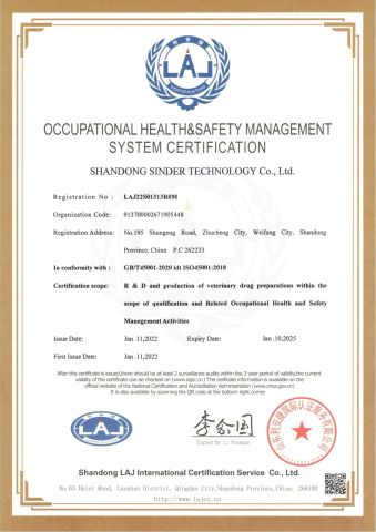 ISO 45001 certificate of Shandong Sinder Technology Co., Ltd – certificate photo, supplier certificates section