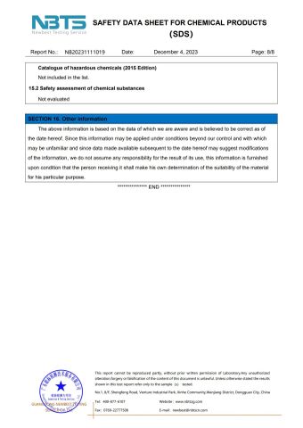 SDS certificate from Suzhou Health Run New Material Technology Co., Ltd.