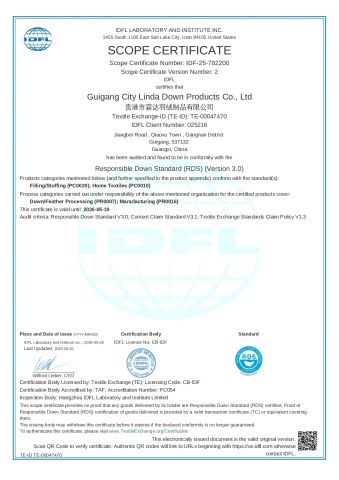 RDS certificate from Guigang City Linda Down Products Co., Ltd.