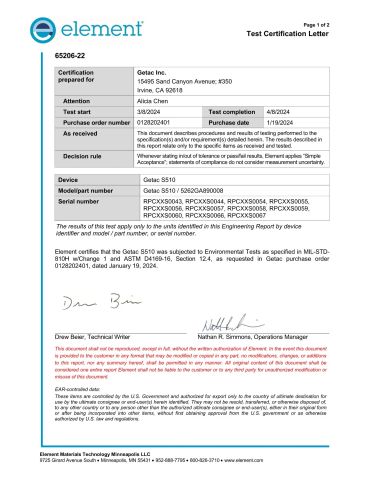 S510 MIL-STD-810H certificate from Beijing Jianianhuaye Technology Co., Ltd