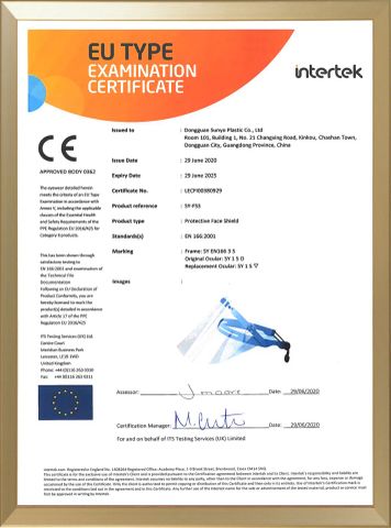 CE EN166:2001 certificate from Dongguan Sunyo Plastic Co., Ltd.