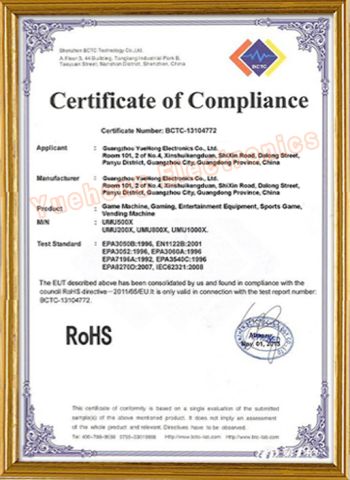ROHS certificate from Guangzhou Yuehong Electronics Co., Ltd.