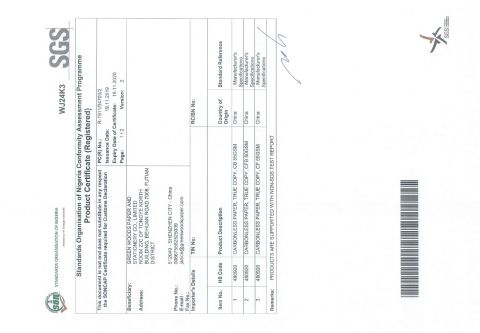 SONCAP PC certificate from Green Woods Paper & Stationery Co., Ltd.