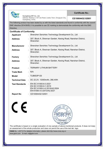 CE EMC Certificate - 12000mAh 6S Battery Pack certificate from Shenzhen Senchtec Technology Co., Ltd.