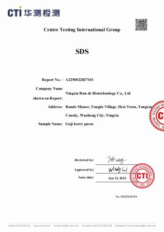 SDS certificate from Ningxia Runde Biotechnology Co., Ltd.