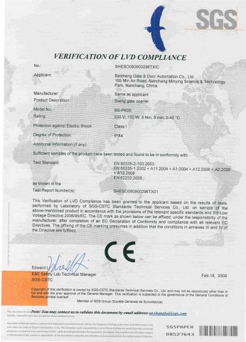 PK05 (LVD OF CE) certificate from BISEN SMART ACCESS CO., LTD.