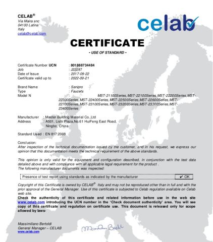 CE certificate for Faucets certificate of Ningbo Master Building Material Co., Ltd. – certificate photo, supplier certificates section