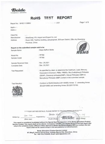 glass bottle CE-ROHS CERTIFICATION certificate from Shandong Oriferret Imp & Exp Co., Ltd.
