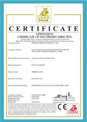 Steering gear certificate from Wenzhou Ideer Auto Parts Co., Ltd