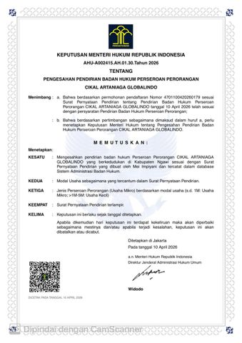 Certificate of Incorporation certificate from Cikal Artaniaga Globalindo