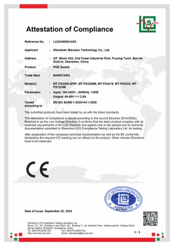 CE LVD POE SWITCH certificate from Shenzhen Longxing Industrial Co., Ltd.