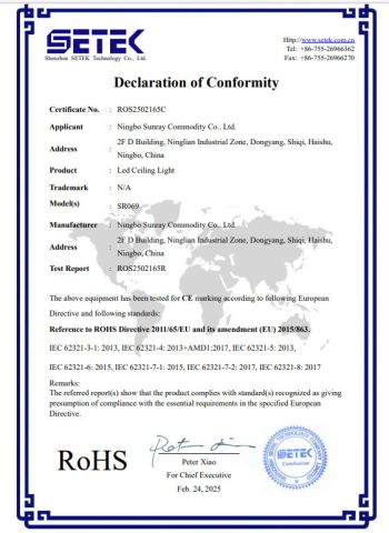 ROHS certificate from Ningbo Sunray Commodity Co., Ltd