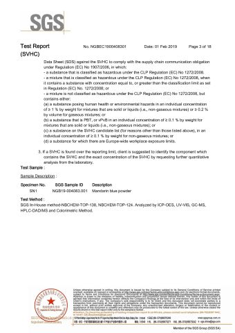 PIGMENT BLUE 153-SVHC-03 certificate of ORIEN CHEMICAL CO., LTD. – certificate photo, supplier certificates section