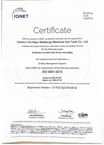 2023 year ISO9001:2015 certificate of Kaiyu (Zhejiang) Drilling Tools Co., Ltd – certificate photo, supplier certificates section