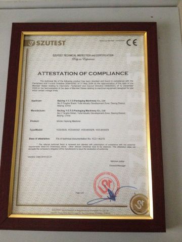 Attestation of compliance certificate from Beijing Y.C.T.D. Packaging Machinery Co., Ltd.