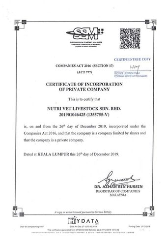 SSM certificate, issued by the Suruhanjaya Syarikat Malaysia  certificate of Nutri Vet Livestock Sdn Bhd – certificate photo, supplier certificates section