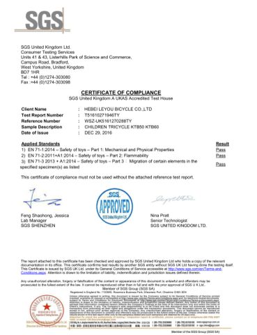 CE certificate for kids tricycle certificate from Hebei Leyou Bicycle Co., Ltd.