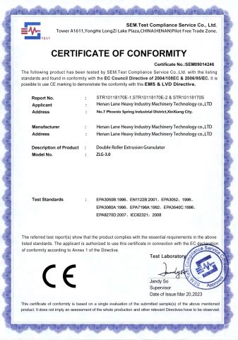 CE certificate from Henan LANE Heavy Industry Technology Co.,Ltd.