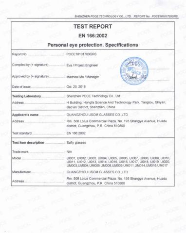 UV400 certificate from Guangzhou USOM Glasses Co., Ltd.