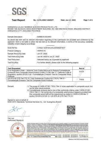 SGS Formaldehyde Release American Standard certificate of Hangzhou La July Bamboo & Wood Products Co., Ltd. – certificate photo, supplier certificates section