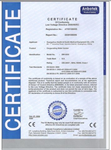 CE CERTIFICATE OF BW-8000 OXYGENATING WATER IONIZER certificate from Health&Health (Group)Co.,Ltd.