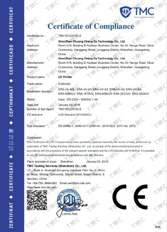 UV Printer Certification certificate from Shenzhen Chuang Cheng Da Technology Co., Ltd.