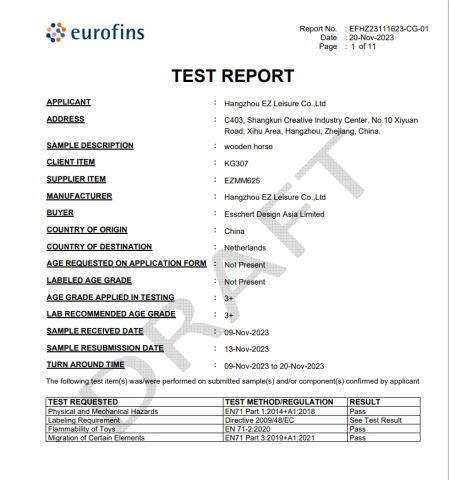 en71-1.2.3 certificate from Hangzhou Ez Leisure Co., Ltd