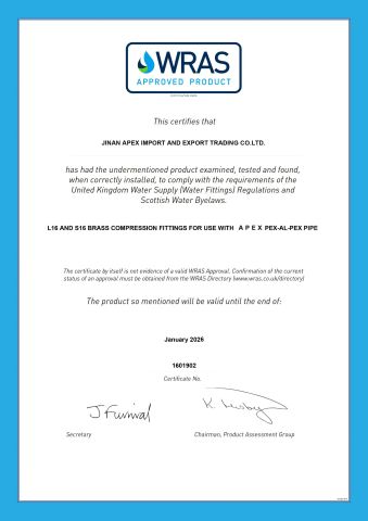 WRAS certificate from Jinan Apex Import and Export Trading Co., Ltd