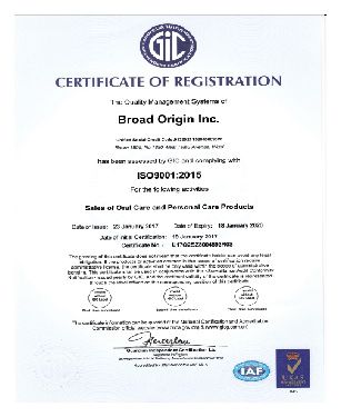 ISO9001 certificate from Broad Origin Inc.