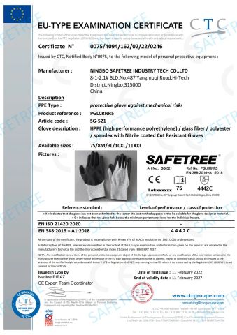 Certificate of Nitrile Cut resistant Gloves certificate from Zhejiang Safetree Industry Tech Co., Ltd.