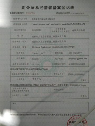 License Photo certificate from Chengdu Shugong Machinery Manufacturing Co., Ltd.