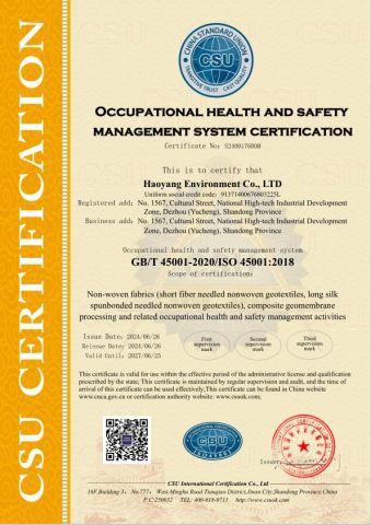 ISO45001 Occupational Health and Safety Management System Certificate certificate from Haoyang Environmental Co., Ltd.