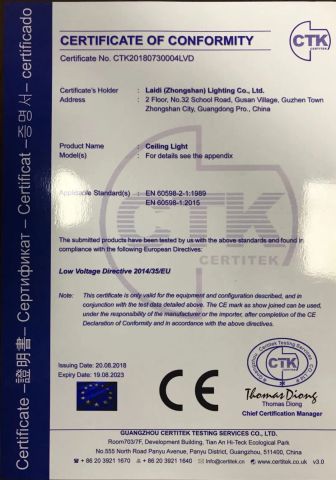CE ceiling light certificate from Zhongshan Konig Co., Ltd.