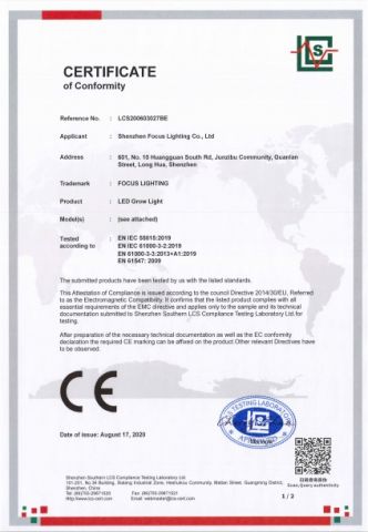 CE-EMC LED Grow LIght certificate from Shenzhen Focus Lighting Co., Ltd.