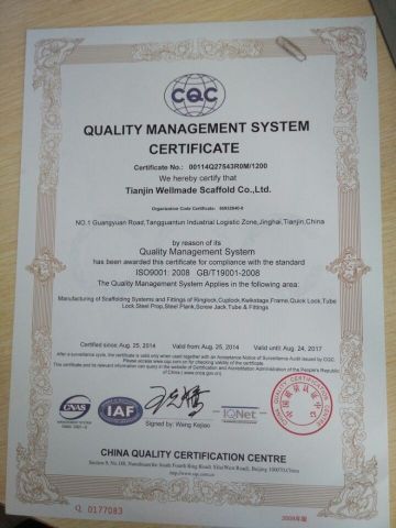 ISO9001:2008-Tianjin Wellmade Scaffold CO.,LTD certificate from Nanjing Wellmade Metalwork Co., Ltd.