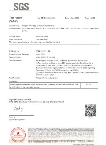 Aluminum  Lead-free REACH test report certificate from Finest Printed Circuit Board Ltd.