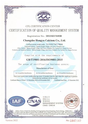 ISO9001 certificate from Changshu Hongyu Calcium Co., Ltd.