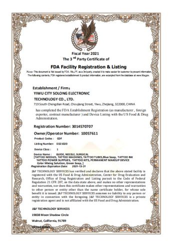 FDA certificate from Hangzhou Solong Technology Co., Ltd.
