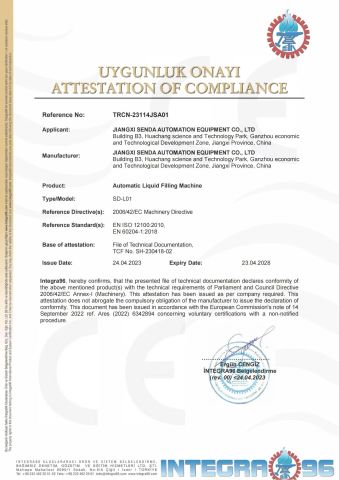 CE certificate from Jiangxi Senda Automation equipment Co., Ltd.
