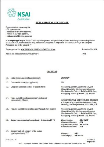 Engine EURO-V certificate certificate from HENSEN POWER TECHNOLOGY CO., LIMITED