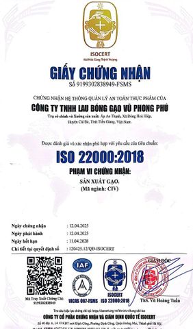 ISO 22000:2018 (Food Safety Management System) certificate of VU PHONG PHU RICE POLISHING COMPANY LIMITED – certificate photo, supplier certificates section