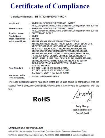 ROHS certificate from Zhongshan Xinfu Household Electronic Co., Ltd.