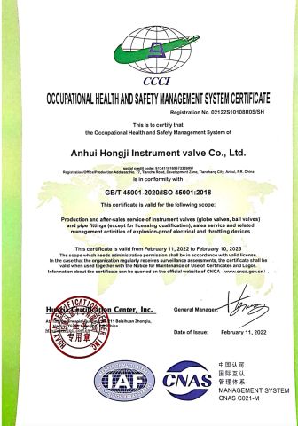 OCCUPATIONAL HEALTH AND SAFETY MANAGEMENT SYSTEM CERTIFICATE certificate from Anhui Hongji Instruments & Valves Manufacturing Co., Ltd.