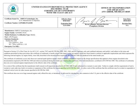 EPA nissan K25 certificate for gasoline/LPG forklift truck certificate of Hangzhou Noelift Equipment Co., Ltd. – certificate photo, supplier certificates section