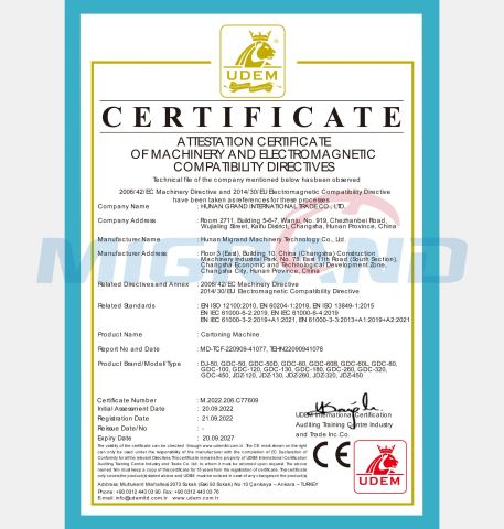cartoning machine CE certification certificate of Hunan Migrand Machinery Technology Co., Ltd. – certificate photo, supplier certificates section