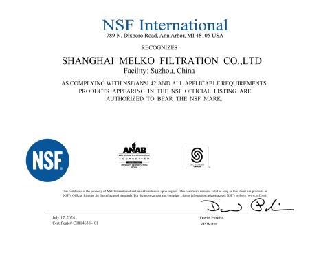 NSF CERTIFICATION certificate from Shanghai Melko Filtration Co., Ltd.